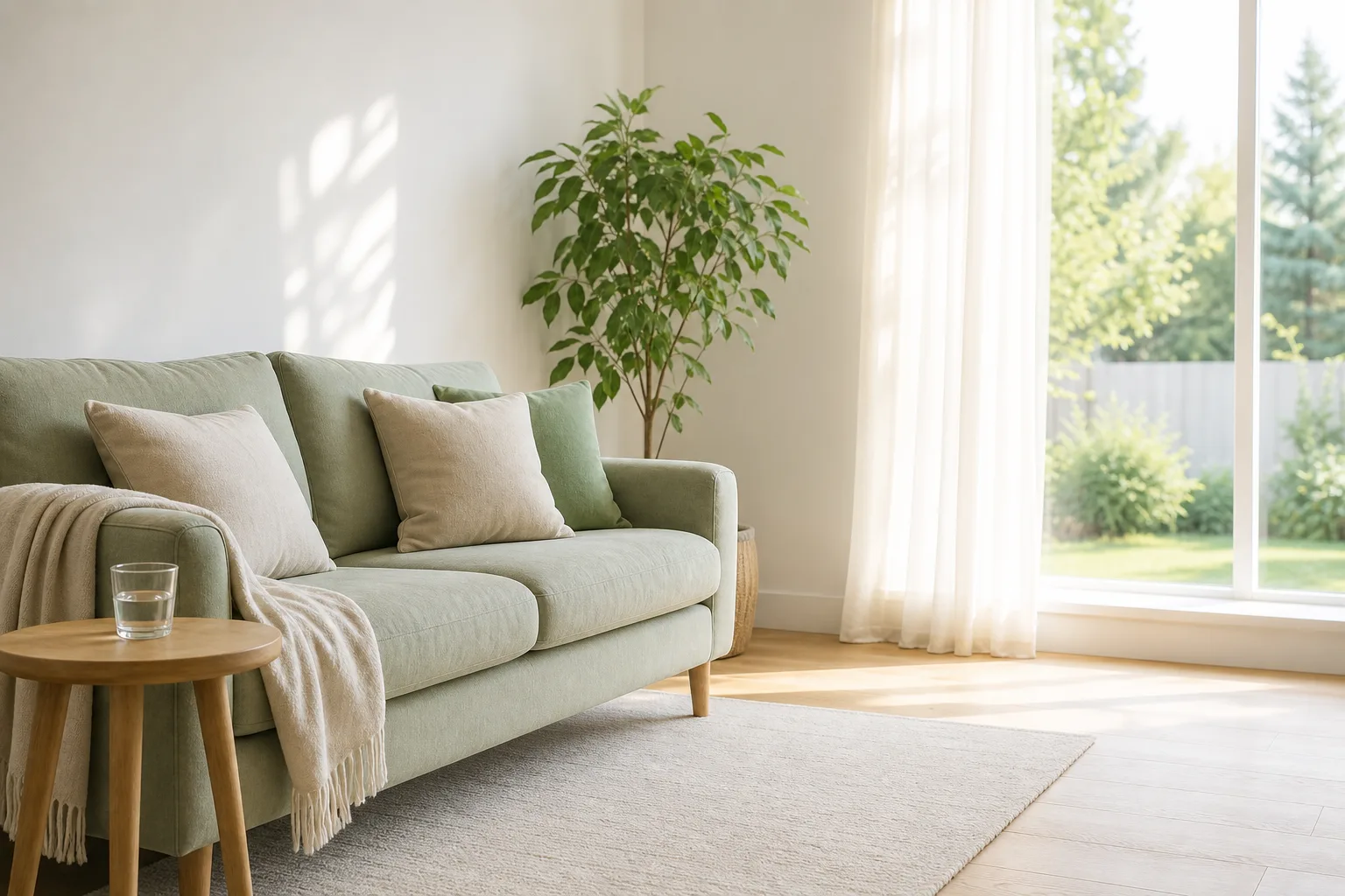 Sunlit, tidy living room with a pale sofa and a large bright window
