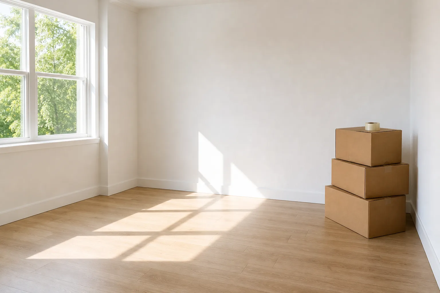 Bright empty room with bare floors and a few stacked moving boxes